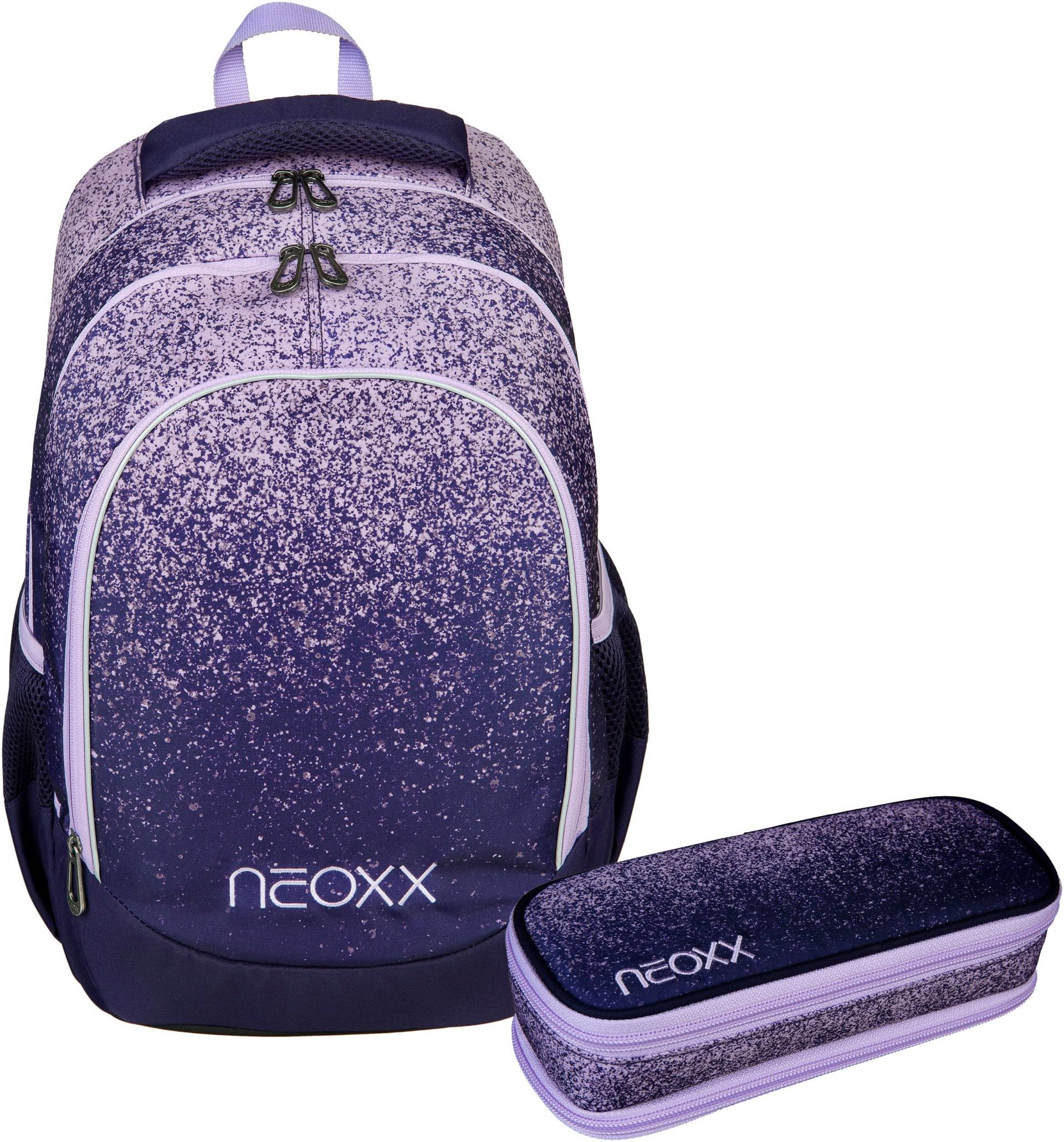 neoxx Schulrucksack »Fly Schulrucksack und Catch Schlamperbox, Glitterally perfect«, Reflektionsnaht, aus recycelten PET-Flaschen von neoxx