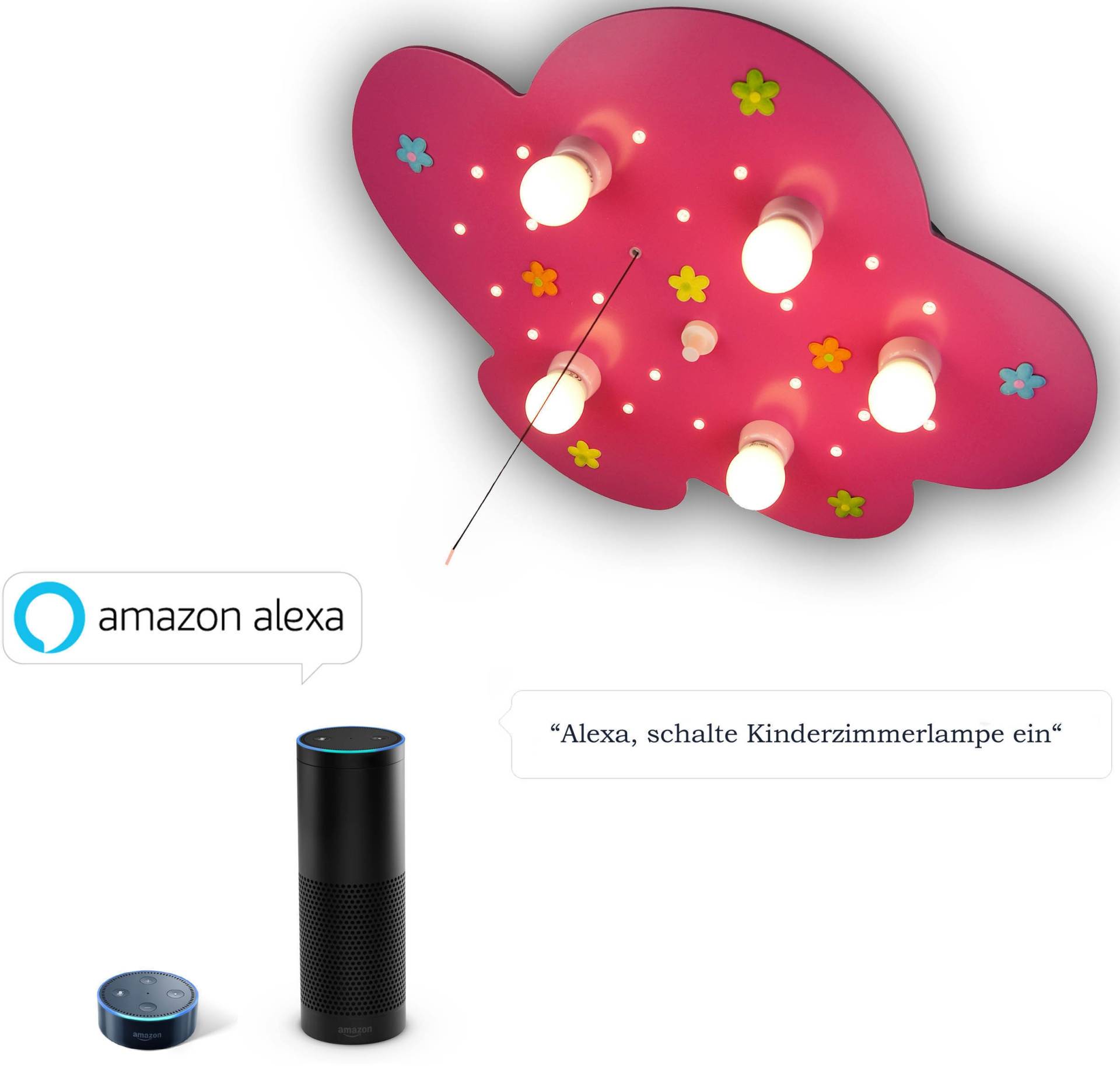 niermann Deckenleuchte »Wölkchen Blumenwiese«, 5 flammig, Leuchtmittel E14   ohne Leuchtmittel, Deckenl. Wölkchen, Blumenwiese, magenta "Amazon Alexa kompatibel" von niermann