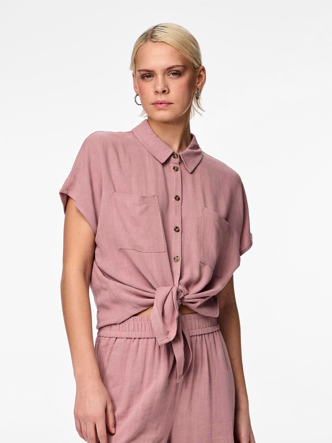 pieces Kurzarmbluse »PCVINSTY SS LINEN TIE SHIRT NOOS« von pieces