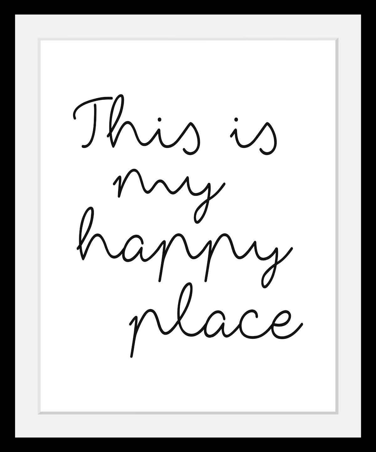 queence Bild »happy place«, Schwarz-Weiss-Schriftzug-Motivationsbilder-Fashion-Frau, HD Premium Poster-Druck inkl. Holzrahmen von queence