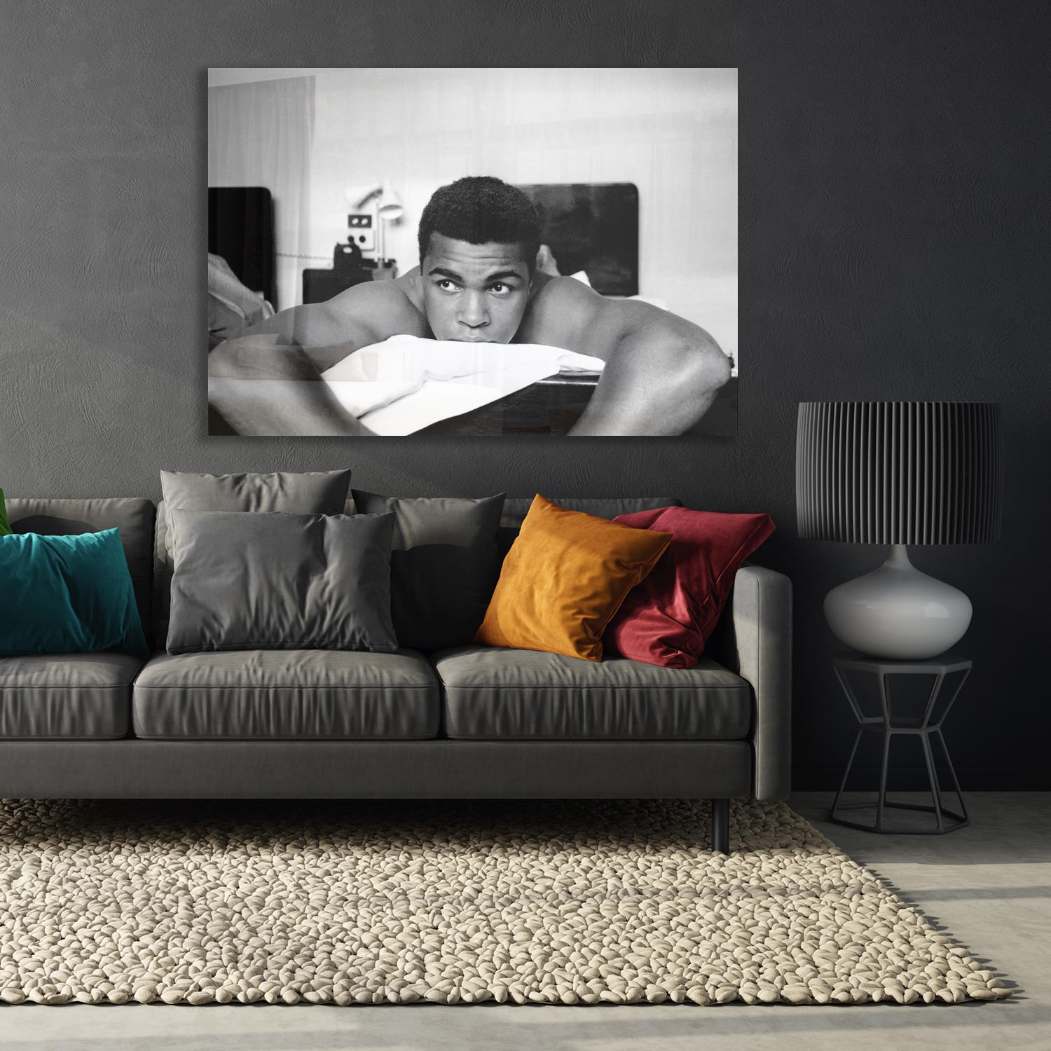 queence Acrylglasbild »Muhammad Ali auf Massageliege«, Schwarz-Weiss-Mann-Stars-Portrait-Foto-Film-Filmfiguren-Filmszene, Fine Art-Print in Galeriequalität von queence