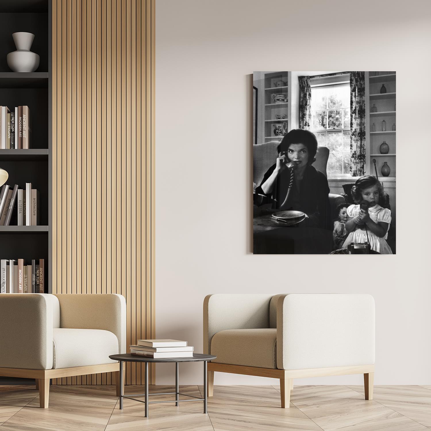 queence Acrylglasbild »Jackie Kennedy mit Kind«, Schwarz-Weiss-Frau-Stars-Portrait-Foto-Film-Filmfiguren-Filmszene, Fine Art-Print in Galeriequalität von queence