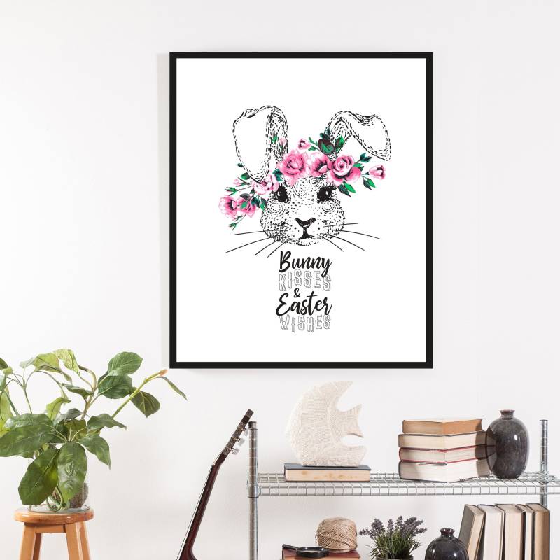 queence Bild »Aico«, Hase-Hasen-Haustiere-Kunst-Ostern-Blumen, (1 St.), HD Premium Poster-Druck inkl. Holzrahmen von queence