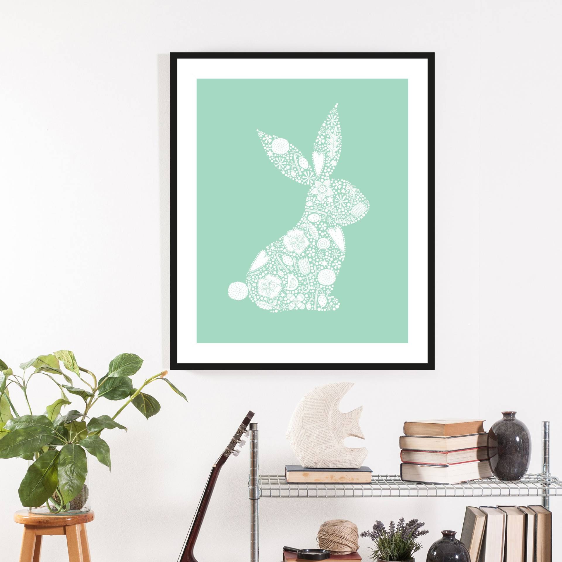 queence Bild »Akimo«, Hase-Hasen-Haustiere-Kunst-Ostern, (1 St.), HD Premium Poster-Druck inkl. Holzrahmen von queence