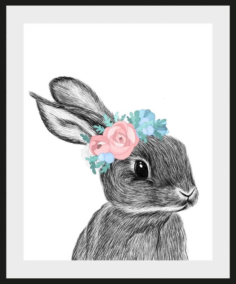 queence Bild »Albert«, Hase-Hasen-Haustiere-Kunst-Ostern-Blumen, (1 St.), HD Premium Poster-Druck inkl. Holzrahmen von queence