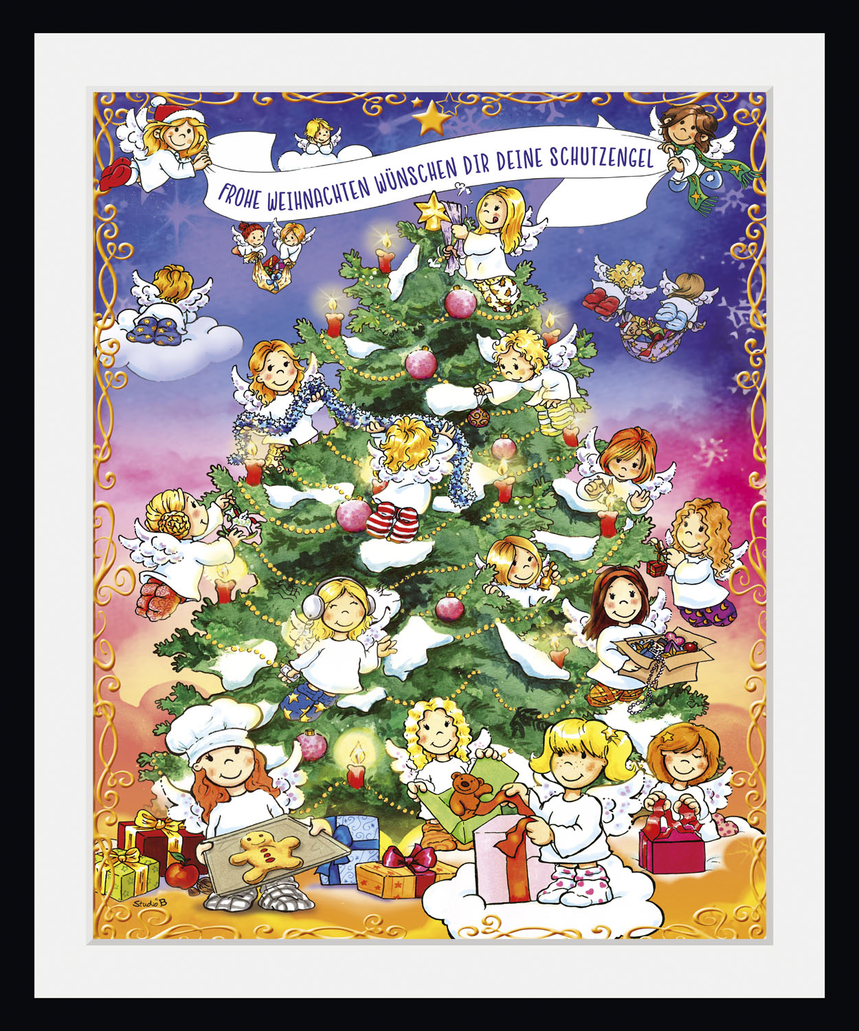 queence Bild »Weihnachtsbaum«, Engel-Schriftzug-Schriftzüge-Weihnachten-Tannenbaum-Weihnachtsbaumkugeln, (1 St.), HD Premium Poster-Druck inkl. Holzrahmen von queence