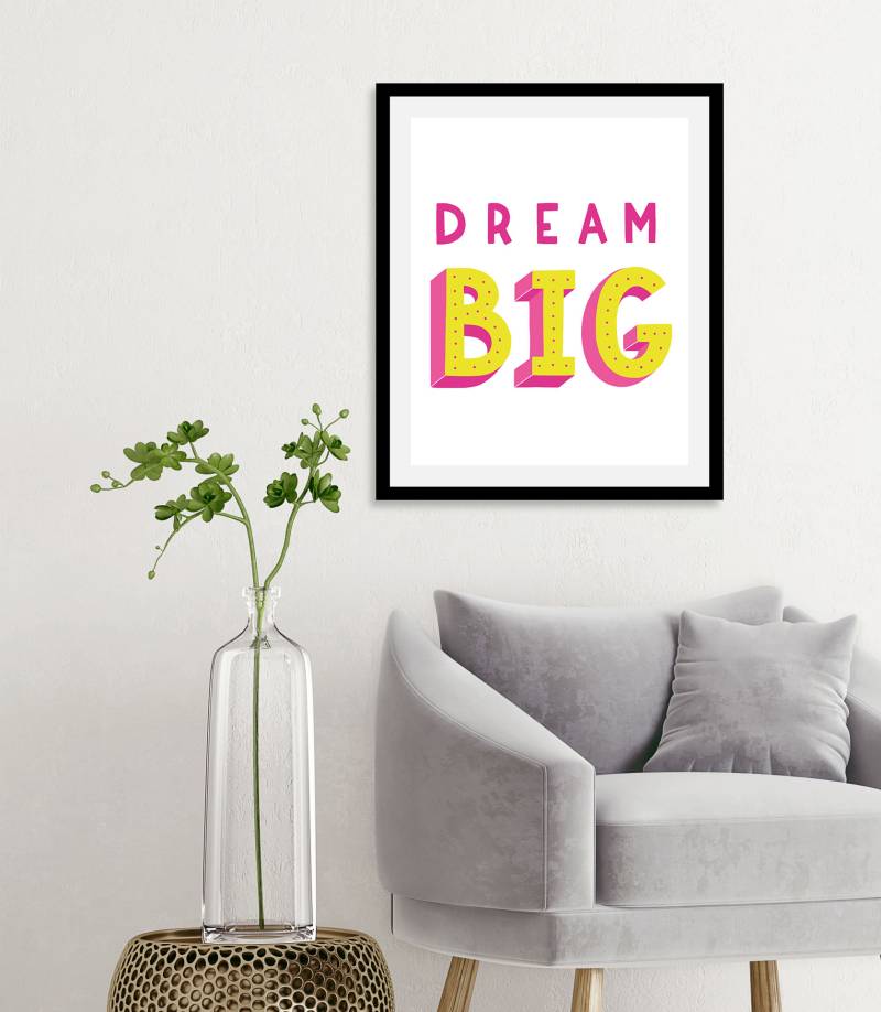 queence Bild »Dream Big«, Schriftzüge-Schriftzug-Kunst-Motivationsbilder, (1 St.), HD Premium Poster-Druck inkl. Holzrahmen von queence