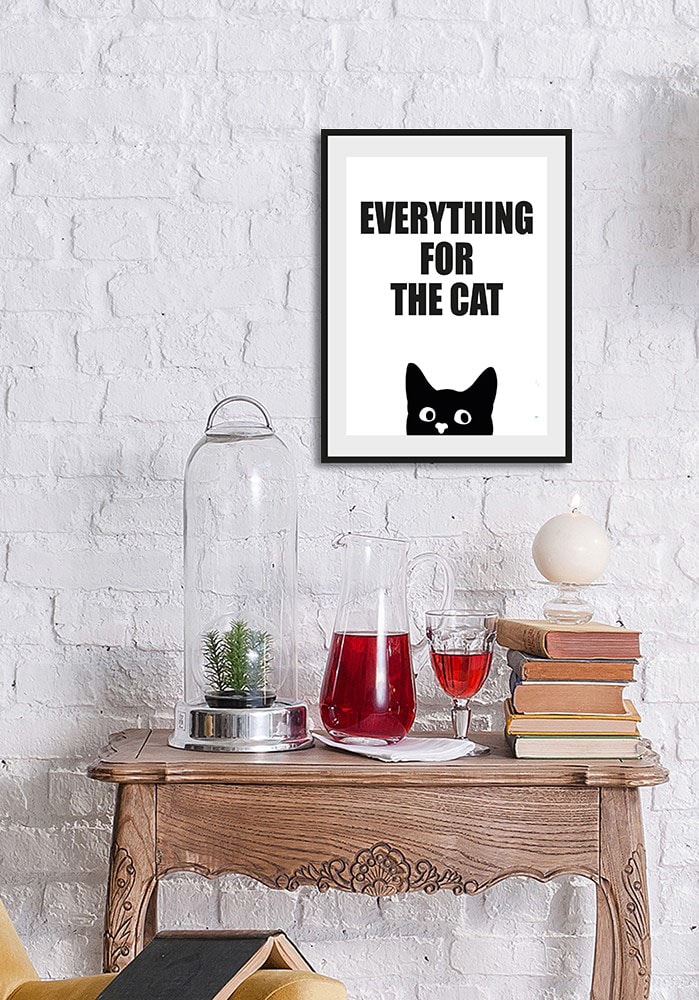 queence Bild »EVERYTHING FOR THE CAT«, Schriftzug-Humor-Sprüche & Texte-Schwarz-Weiss-Katze-Katzenbilder, (1 St.), HD Premium Poster-Druck inkl. Holzrahmen von queence