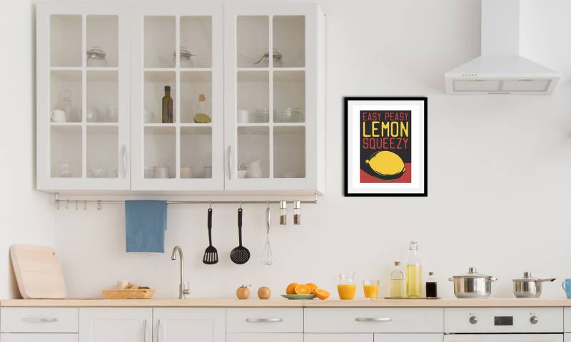 queence Bild »Easy Peasy«, Obst-Obst Bilder-Essen-Lebensmittel-Kunst-Schriftzug-Humor, (1 St.), HD Premium Poster-Druck inkl. Holzrahmen von queence