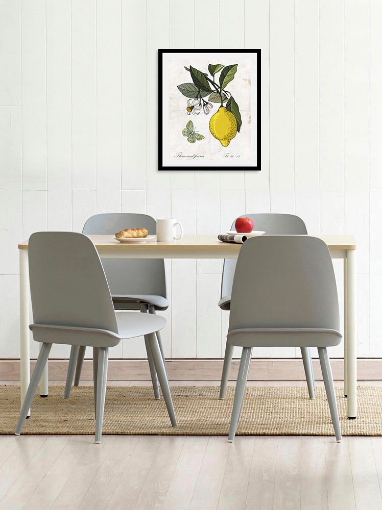 queence Bild »Enyo«, Obst-Obst Bilder-Essen-Lebensmittel-Kunst-Schriftzug-Schmetterlinge, (1 St.), HD Premium Poster-Druck inkl. Holzrahmen von queence