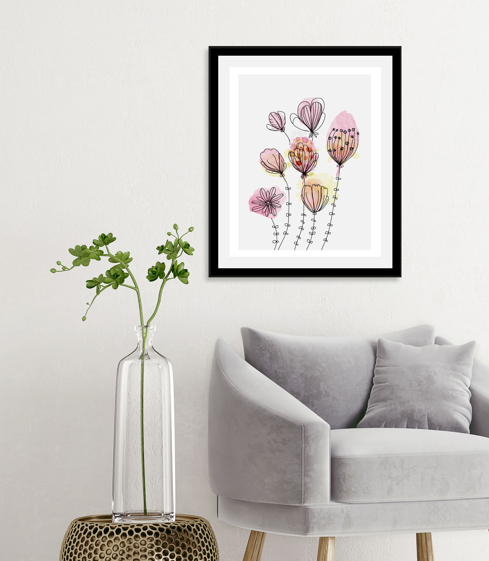 queence Bild »Aquarell Blumen Pink«, Blumen-Blumenbilder-Pflanzen-Pflanzenbilder, (1 St.), HD Premium Poster-Druck inkl. Holzrahmen von queence