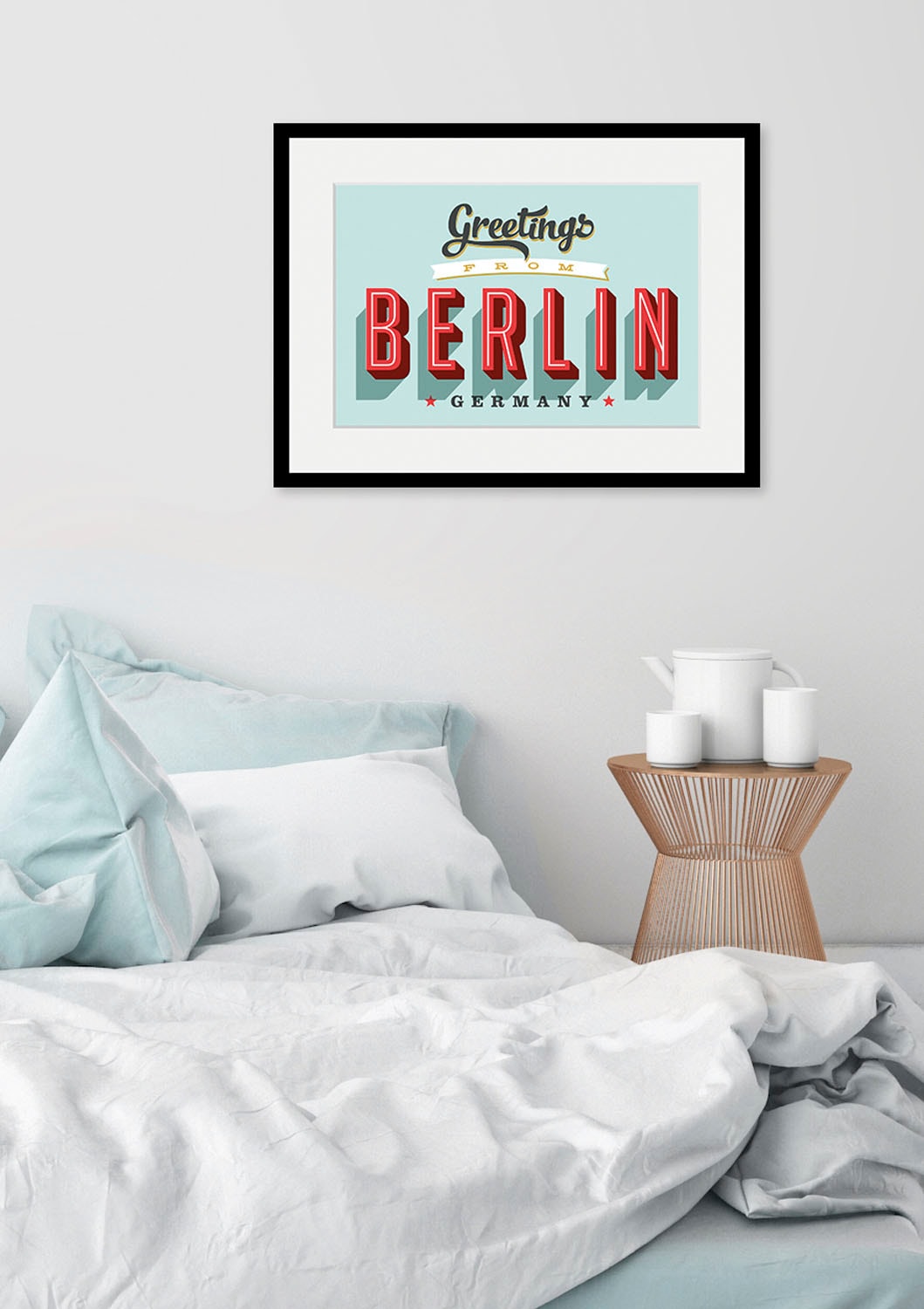 queence Bild »Greetings from Berlin«, Städte-Schriftzug-Deutschland-Stadt-Berlin, (1 St.), HD Premium Poster-Druck inkl. Holzrahmen von queence