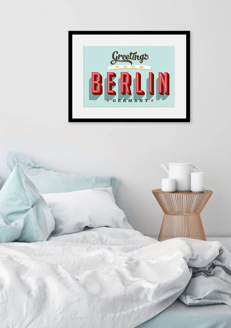 queence Bild »Greetings from Berlin«, Städte-Schriftzug-Deutschland-Stadt-Berlin, (1 St.), HD Premium Poster-Druck inkl. Holzrahmen von queence