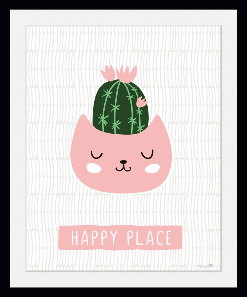 queence Bild »HAPPY PLACE«, Pflanzen-Pflanzenbilder-Schriftzug-Katze-Katzenbilder-Sprüche & Texte, (1 St.), HD Premium Poster-Druck inkl. Holzrahmen von queence