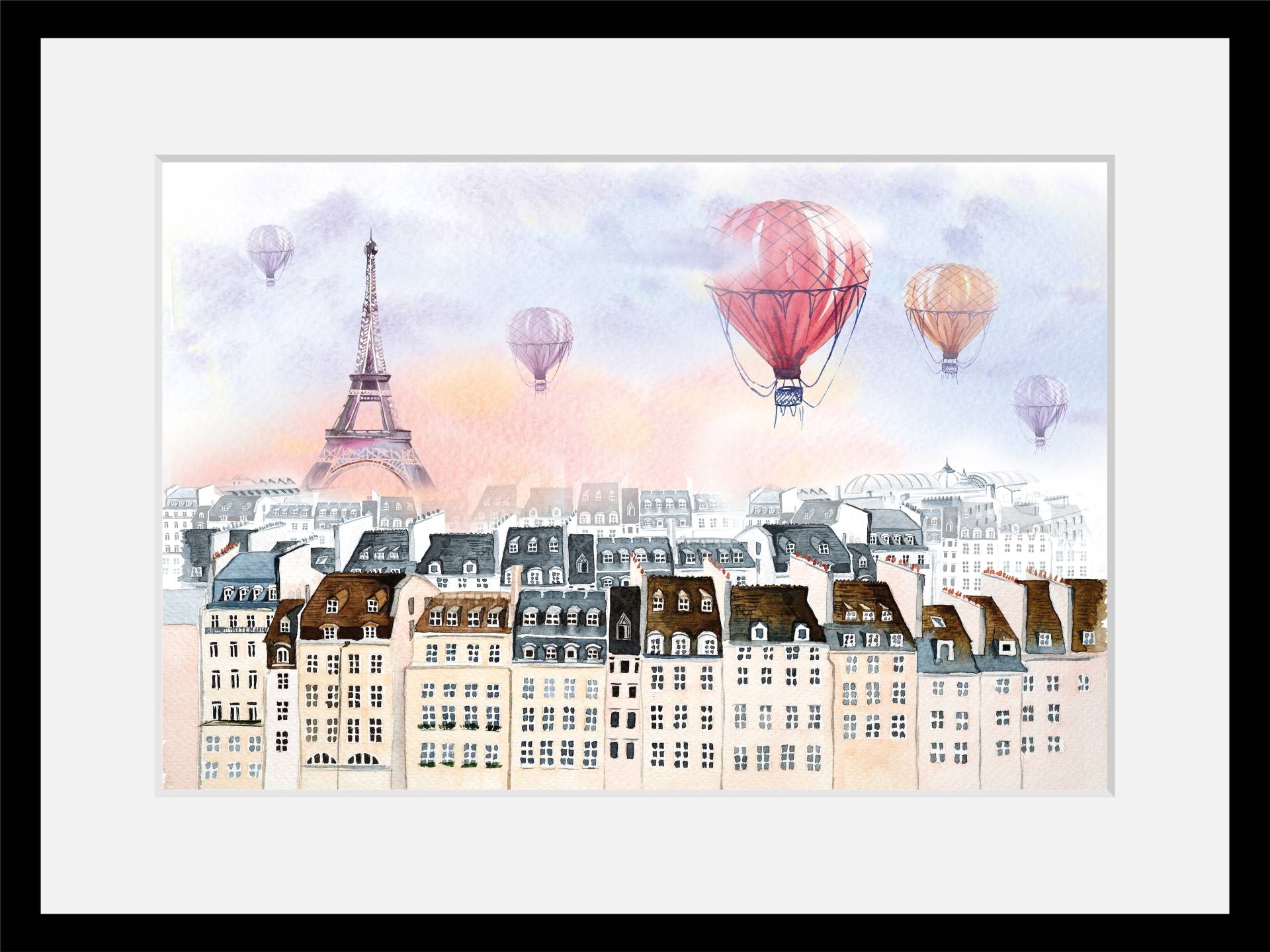 queence Bild »Heissluftballon in Frankreich«, Stadt-Paris-Gebäude-Ballonfahren-Architektonische Elemente-Heissluftballon, HD Premium Poster-Druck inkl. Holzrahmen von queence