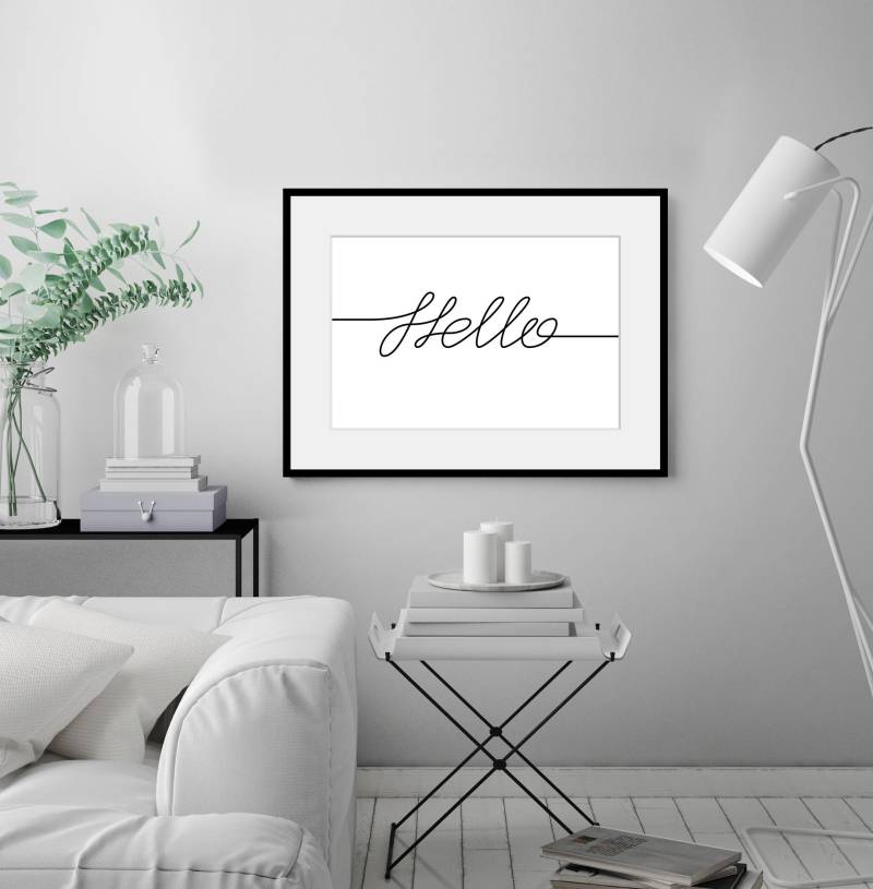 queence Bild »Hello«, Schriftzug-Schriftzüge-Sprüche & Texte-Schwarz-Weiss, (1 St.), HD Premium Poster-Druck inkl. Holzrahmen von queence