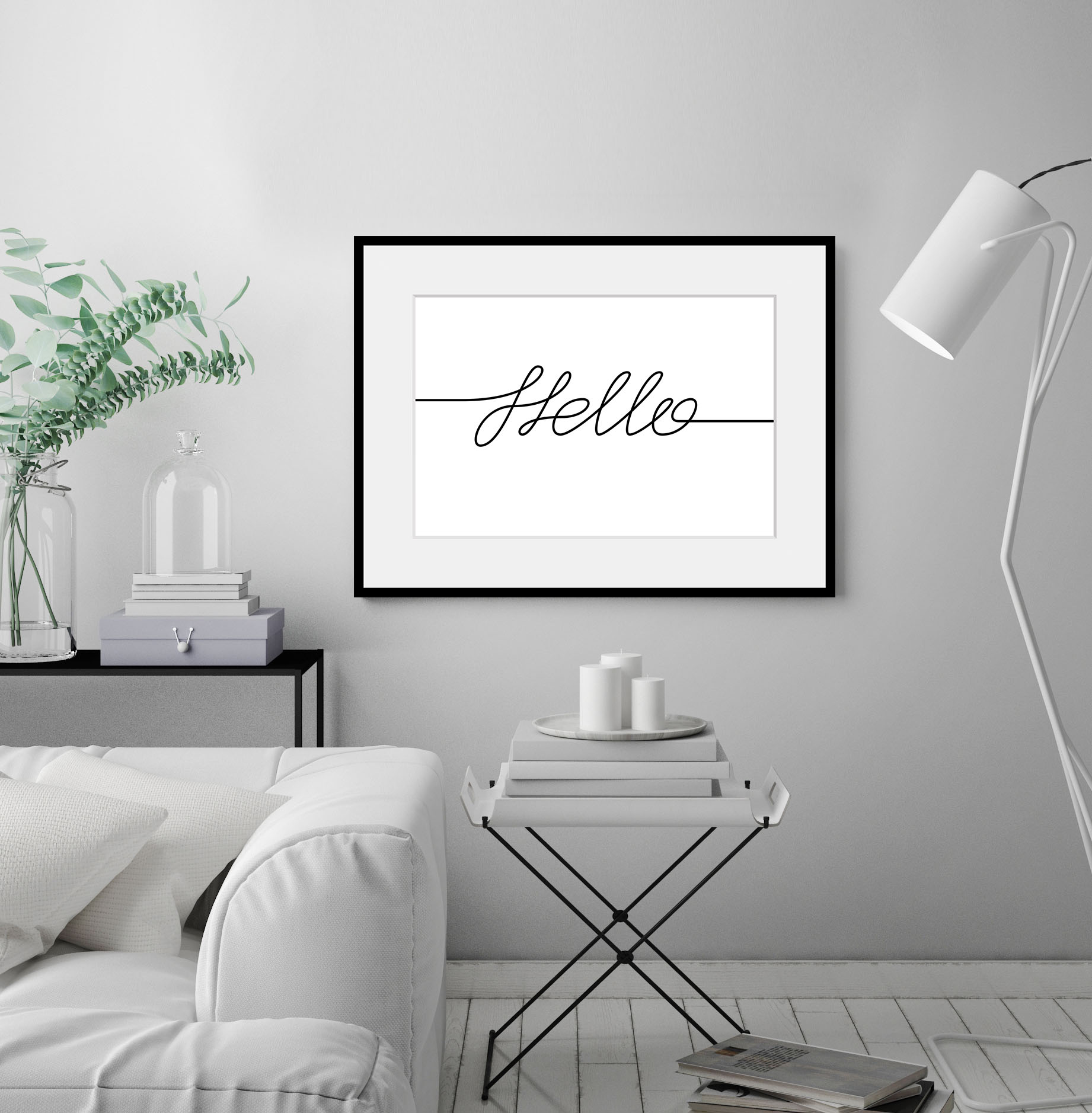 queence Bild »Hello«, Schriftzug-Schriftzüge-Sprüche & Texte-Schwarz-Weiss, (1 St.), HD Premium Poster-Druck inkl. Holzrahmen von queence