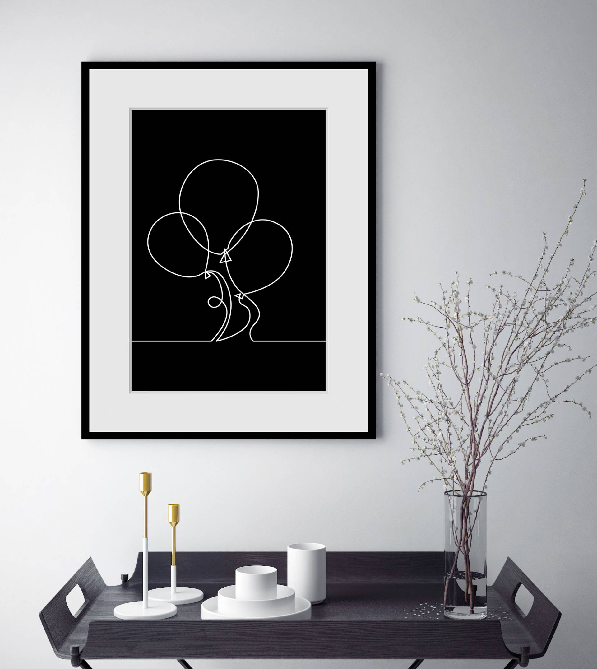 queence Bild »Henry«, Schwarz-Weiss-Kunst-Modern-Luftballon, (1 St.), HD Premium Poster-Druck inkl. Holzrahmen von queence