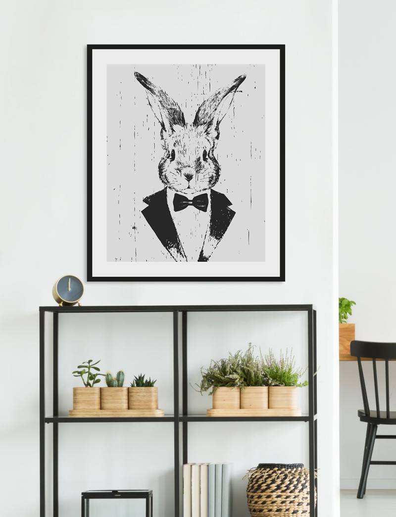 queence Bild »Iida«, Hase-Hasen-Schwarz-Weiss-Kunst-Haustiere, (1 St.), HD Premium Poster-Druck inkl. Holzrahmen von queence