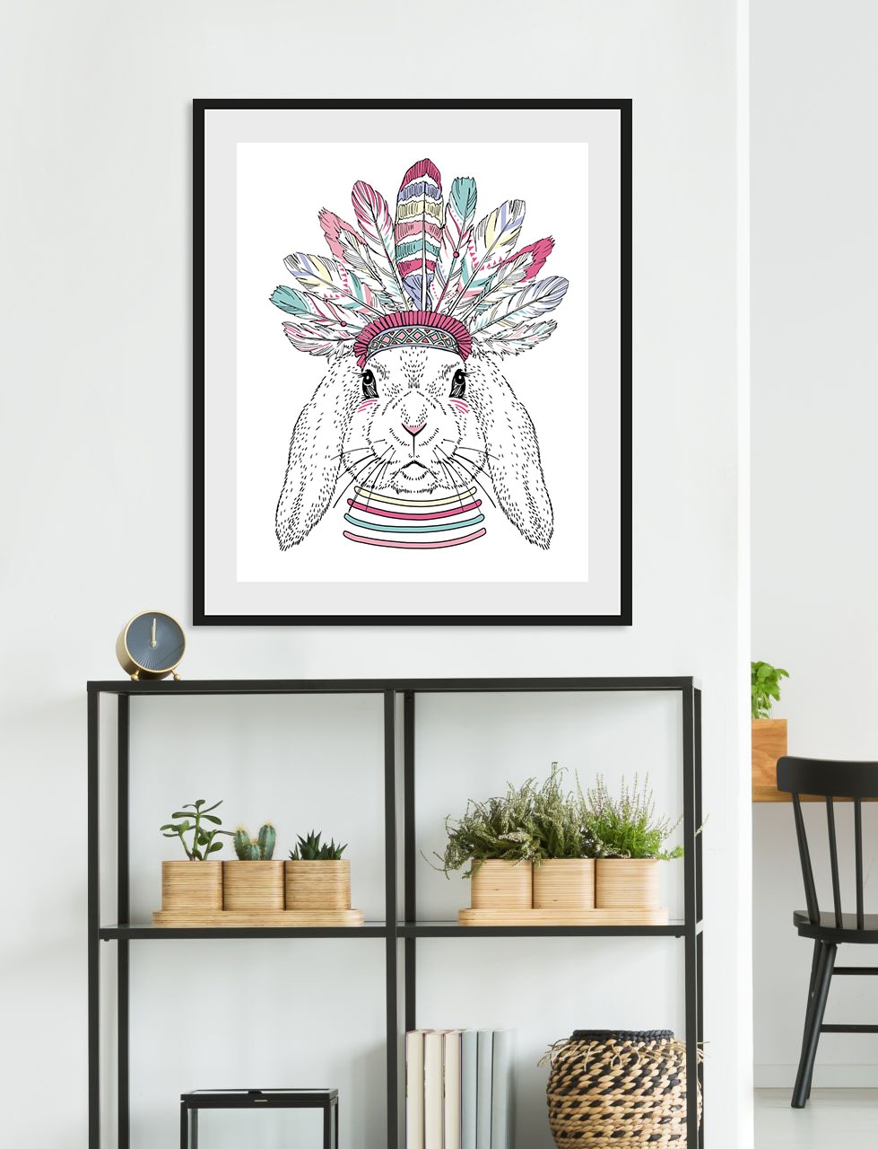 queence Bild »Indiana Bunny«, Hase-Hasen-Kunst-Haustiere-Federn, (1 St.), HD Premium Poster-Druck inkl. Holzrahmen von queence