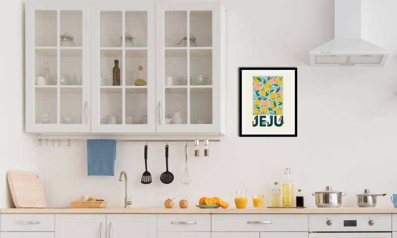 queence Bild »Jeju«, Obst-Obst Bilder-Schriftzug-Figuren-Abstrakt, (1 St.), HD Premium Poster-Druck inkl. Holzrahmen von queence