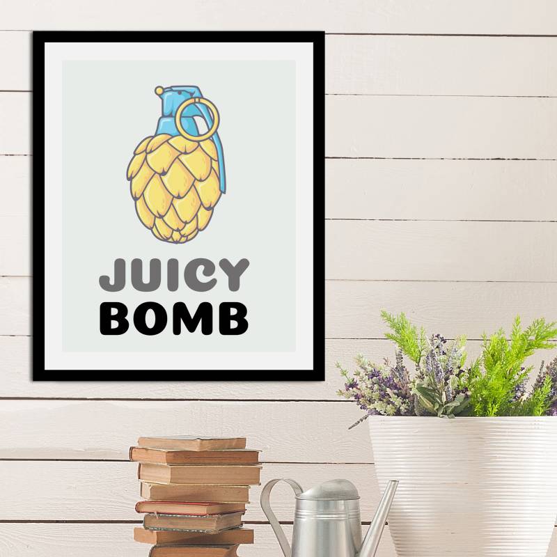 queence Bild »Juicy Bomb«, Obst-Obst Bilder-Schriftzug-Figuren-Abstrakt-Humor, (1 St.), HD Premium Poster-Druck inkl. Holzrahmen von queence