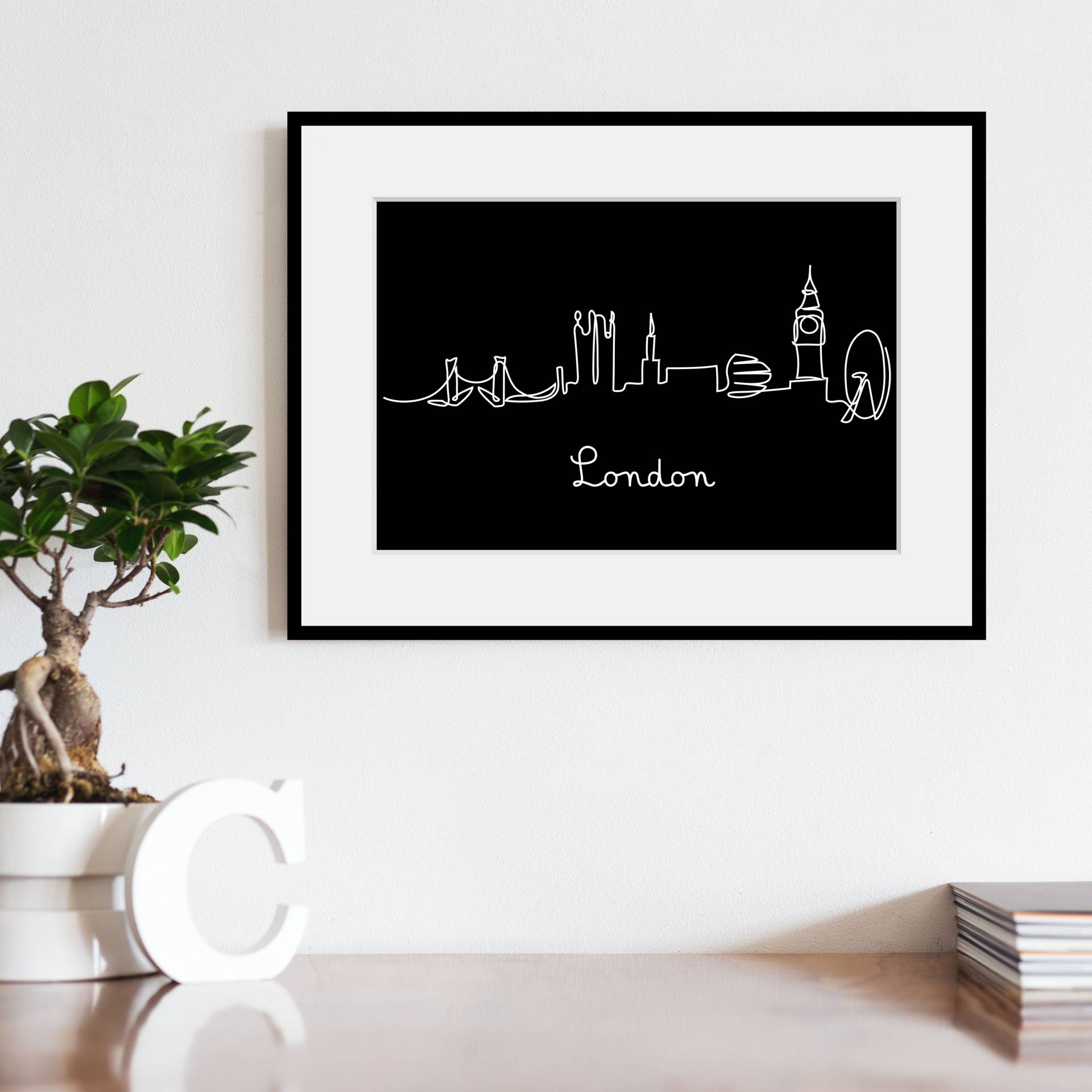 queence Bild »London Skyline«, Schwarz-Weiss-Kunst-Modern-Stadt-Städte-London, (1 St.), HD Premium Poster-Druck inkl. Holzrahmen von queence