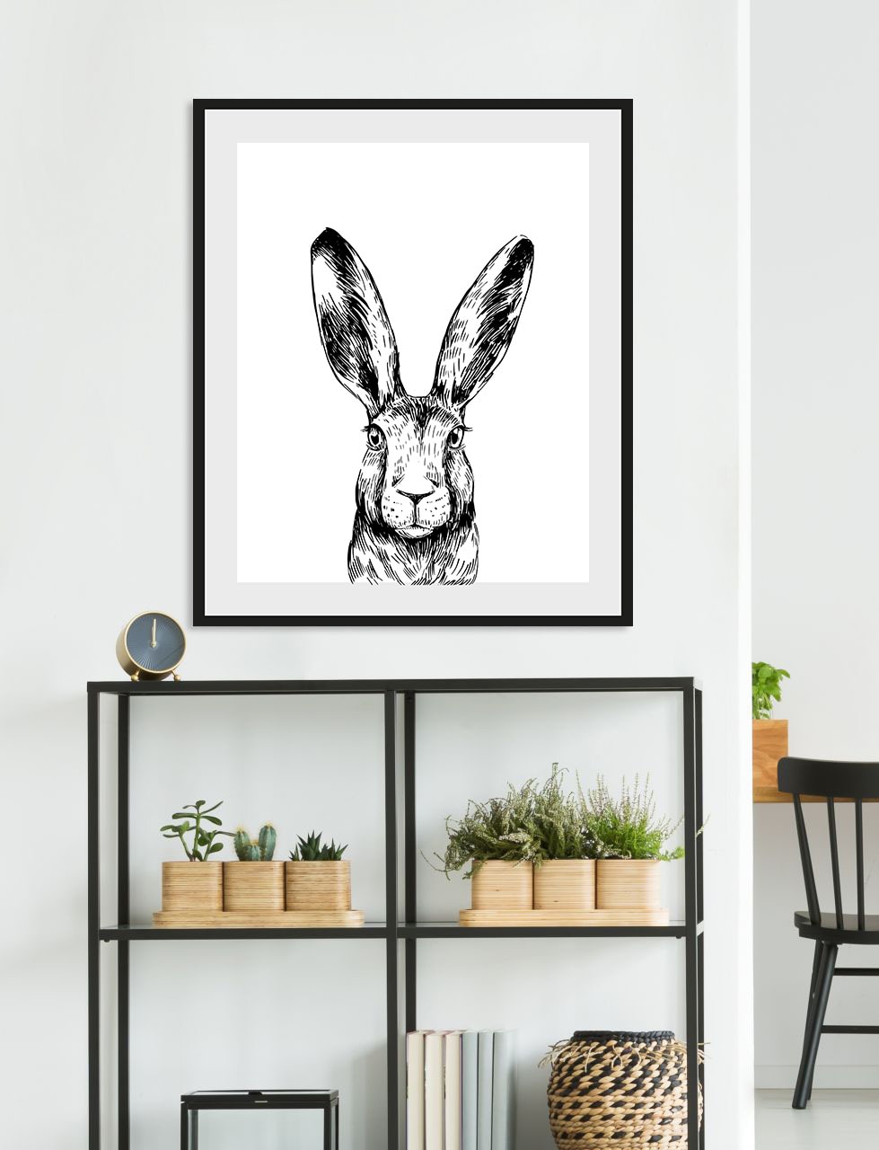 queence Bild »Matias«, Hase-Hasen-Schwarz-Weiss-Kunst-Haustiere, (1 St.), HD Premium Poster-Druck inkl. Holzrahmen von queence