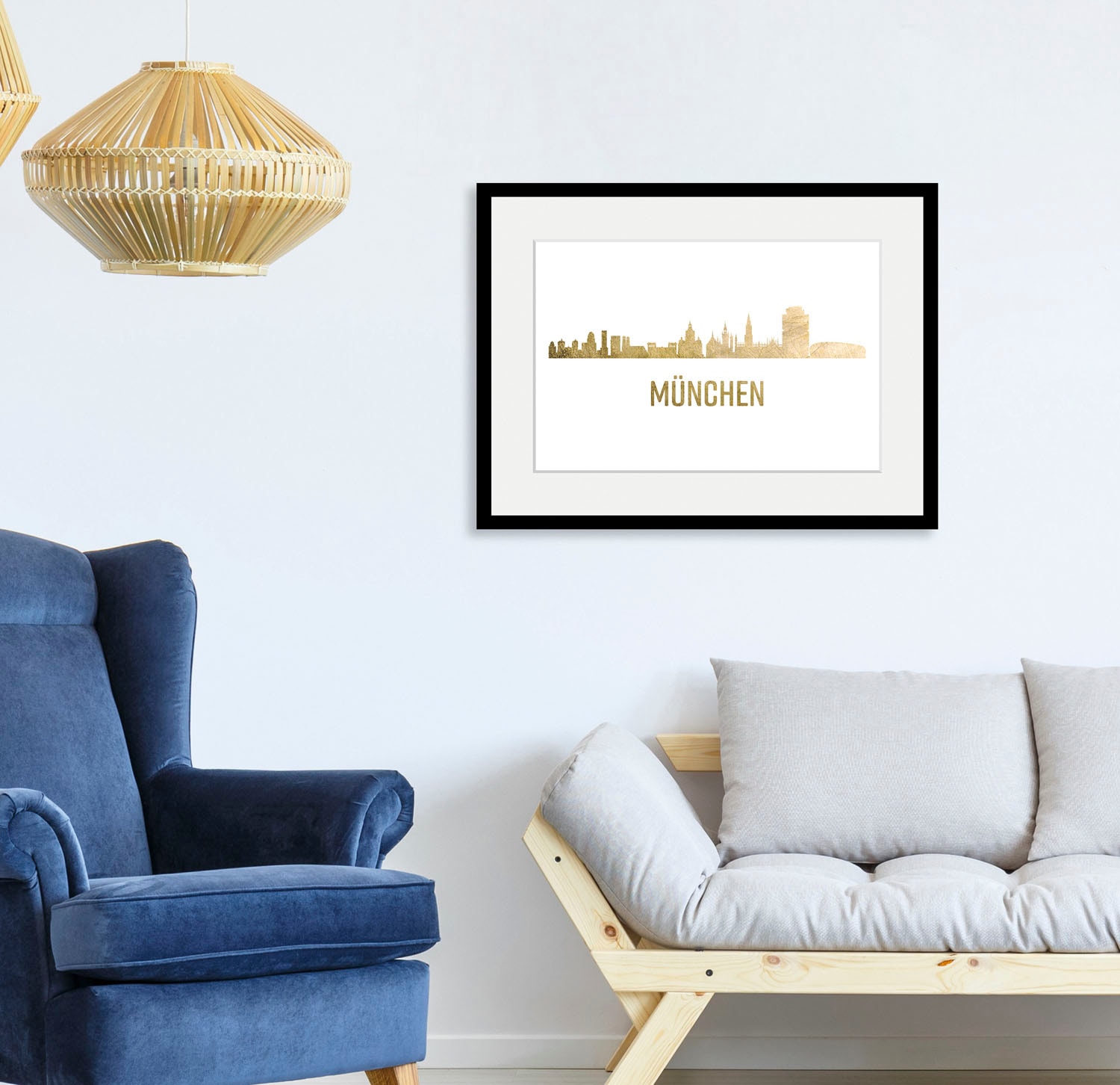 queence Bild »München Skyline GOLD«, Städte-Stadt-Deutschland-Kirche-Gebäude-Schriftzug-München, (1 St.), HD Premium Poster-Druck inkl. Holzrahmen von queence