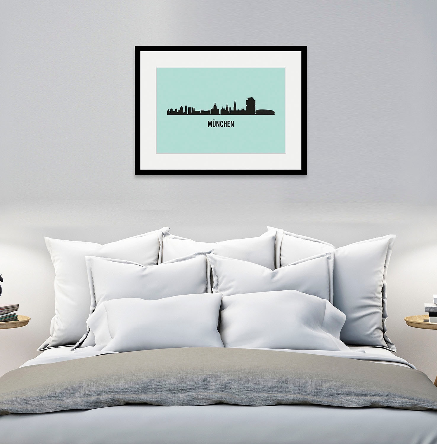 queence Bild »München Skyline«, Städte-Stadt-Deutschland-Gebäude-Schriftzug-München, (1 St.), HD Premium Poster-Druck inkl. Holzrahmen von queence