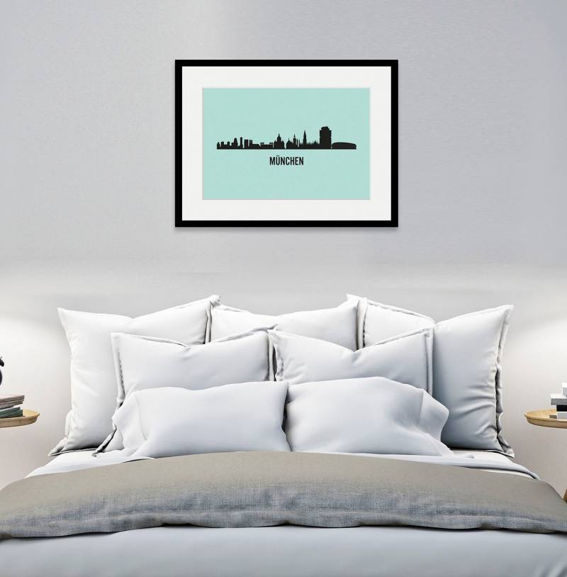 queence Bild »München Skyline«, Städte-Stadt-Deutschland-Gebäude-Schriftzug-München, (1 St.), HD Premium Poster-Druck inkl. Holzrahmen von queence