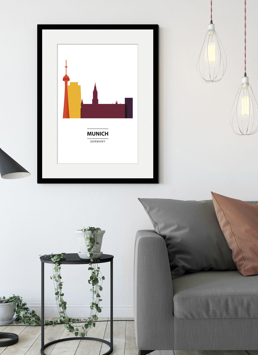 queence Bild »München Skyline bunt«, Gebäude-Kirche-Religion-München-Deutschland-Kunst, (1 St.), HD Premium Poster-Druck inkl. Holzrahmen von queence