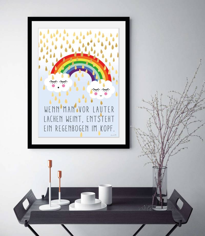 queence Bild »Regenbogen im Kopf«, Wolken-Himmel-Regenbogen-Motivationsbilder-Sprüche & Texte-Gesicht, (1 St.), HD Premium Poster-Druck inkl. Holzrahmen von queence