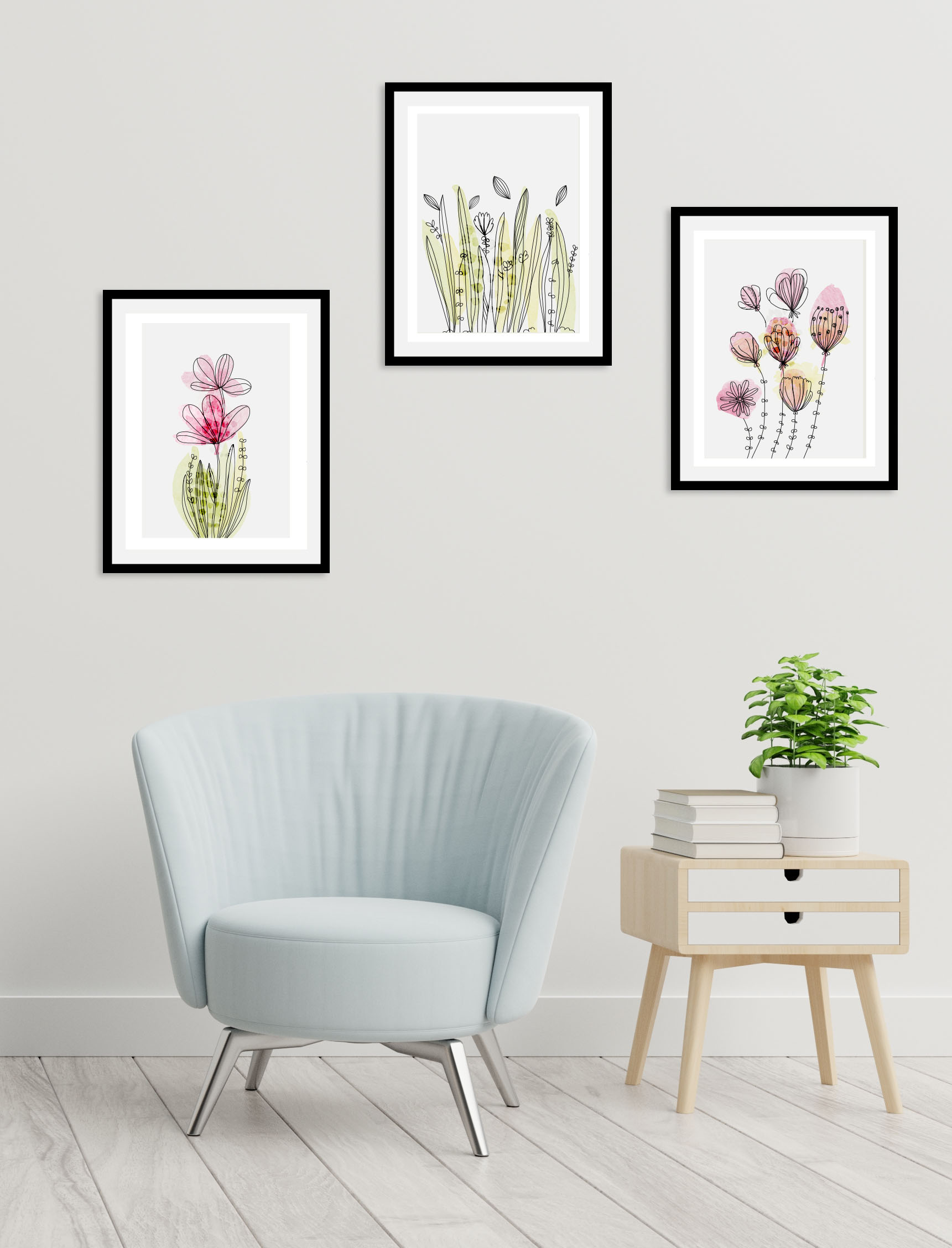 queence Bild »Aquarell Zeichnungen Flora Dream«, (1 St.), HD Premium Poster-Druck inkl. Holzrahmen - 3er Set von queence