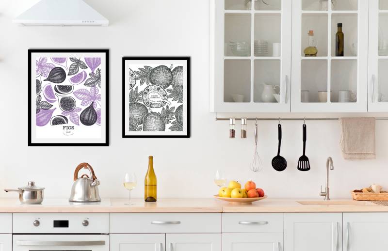queence Bild »Set Grace«, Obst-Obst Bilder-Schriftzüge-Schriftzug-Essen-Lebensmittel-Art-Kunst-Schwarz-Weiss, (1 St.), HD Premium Poster-Druck inkl. Holzrahmen - 2er Set von queence