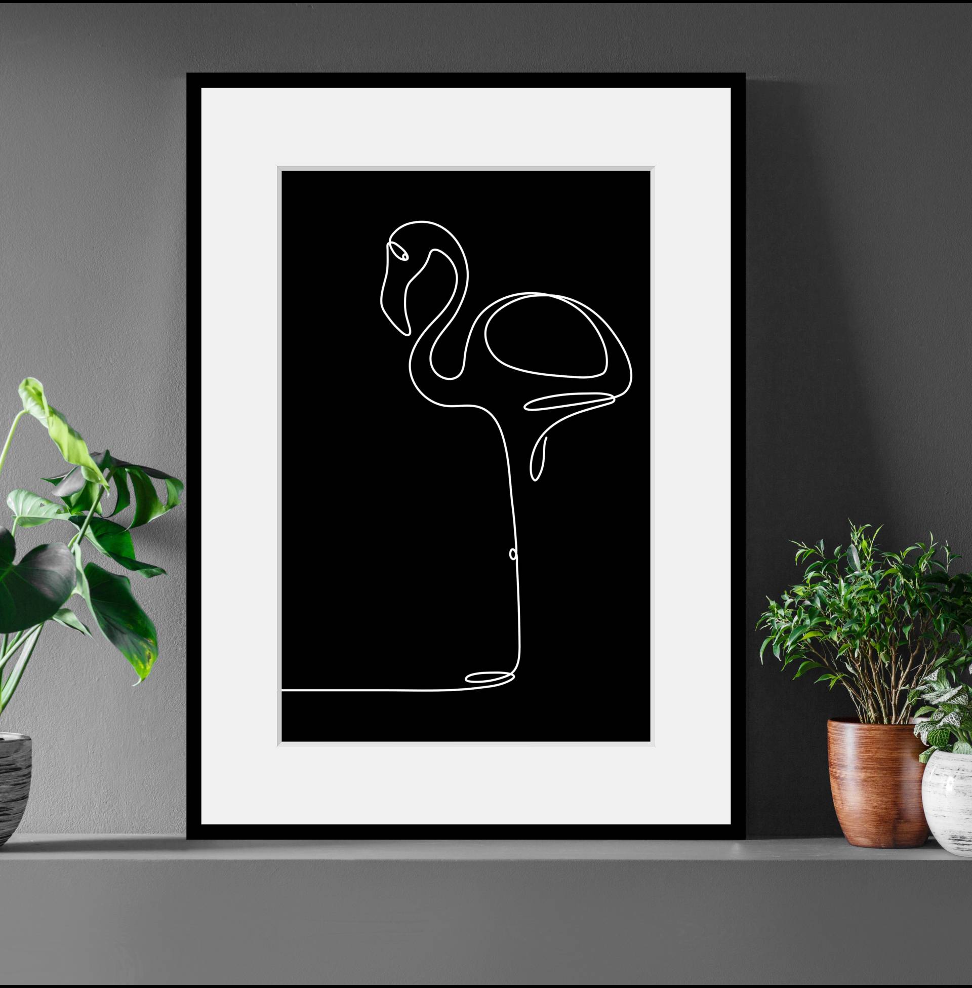 queence Bild »Stine«, Flamingos-Kunst-Schwarz-Weiss, (1 St.), HD Premium Poster-Druck inkl. Holzrahmen von queence