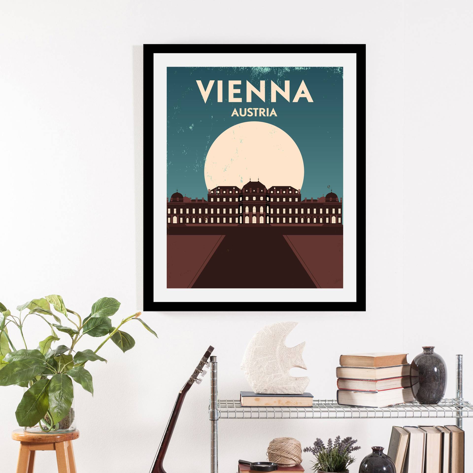 queence Bild »Wien«, Stadt-Städte-Gebäude-Schriftzug-Schriftzüge-Österreich, (1 St.), HD Premium Poster-Druck inkl. Holzrahmen von queence