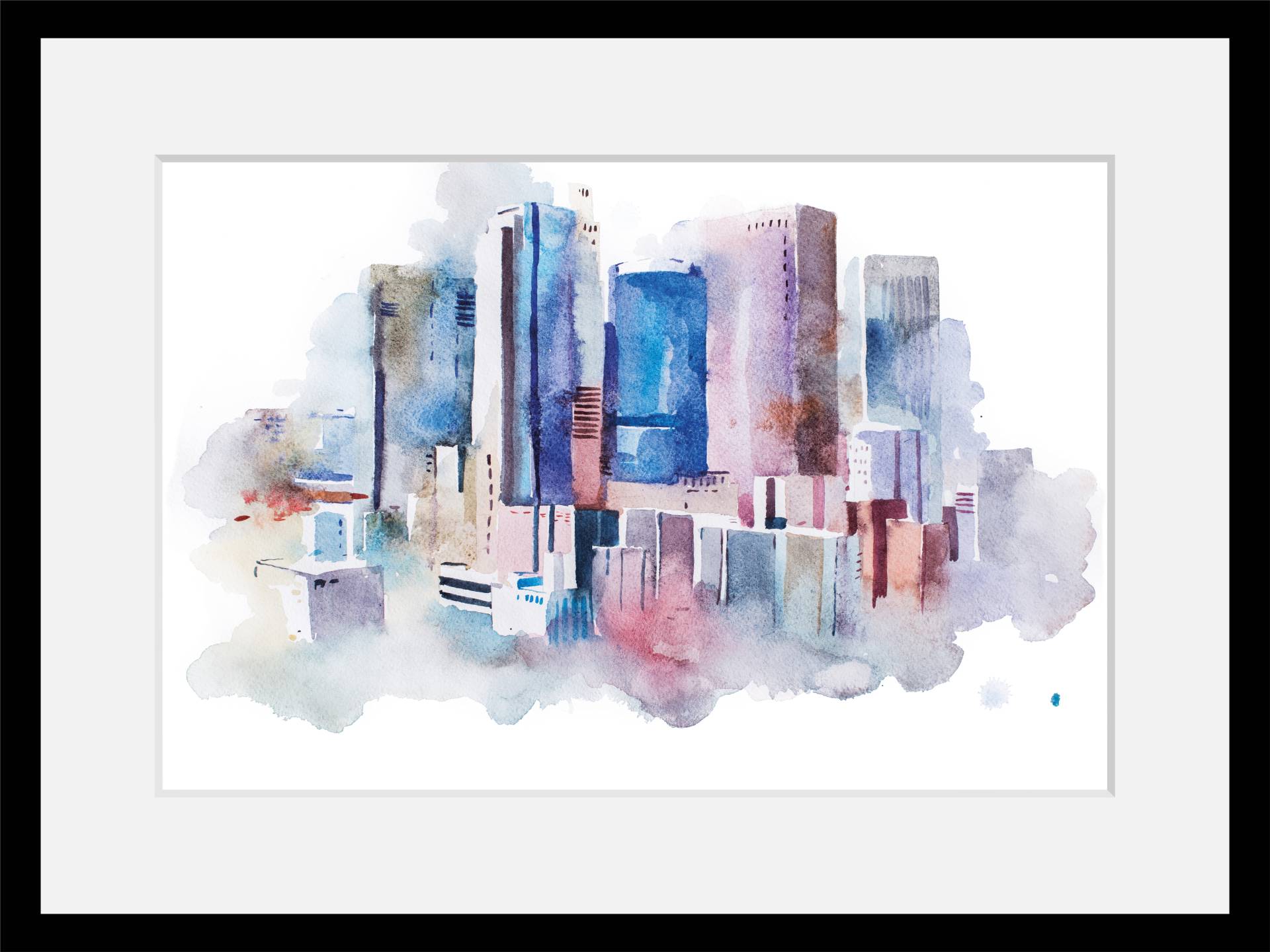 queence Bild »Stadt in Aquarellfarben«, Städte-Stadt-Gebäude-Kunst-Himmel, HD Premium Poster-Druck inkl. Holzrahmen von queence