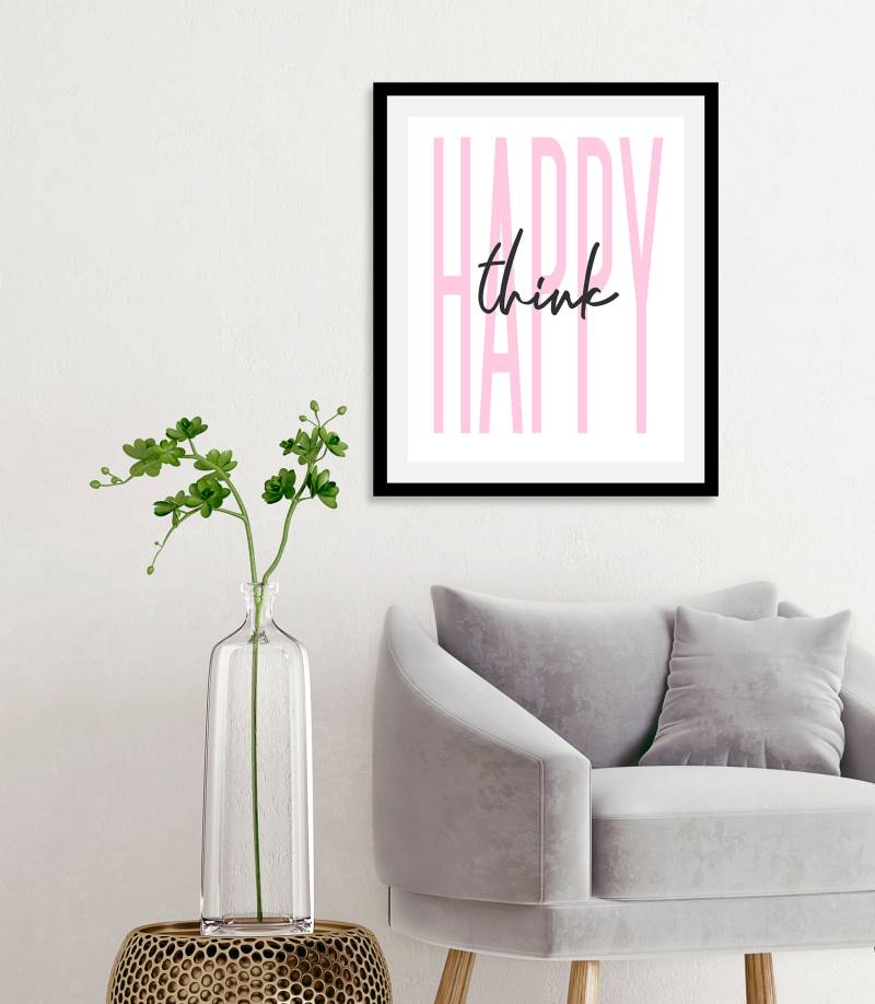 queence Bild »think happy«, Schriftzüge-Schriftzug-Sprüche & Texte-Humor-Motivationsbilder, (1 St.), HD Premium Poster-Druck inkl. Holzrahmen von queence