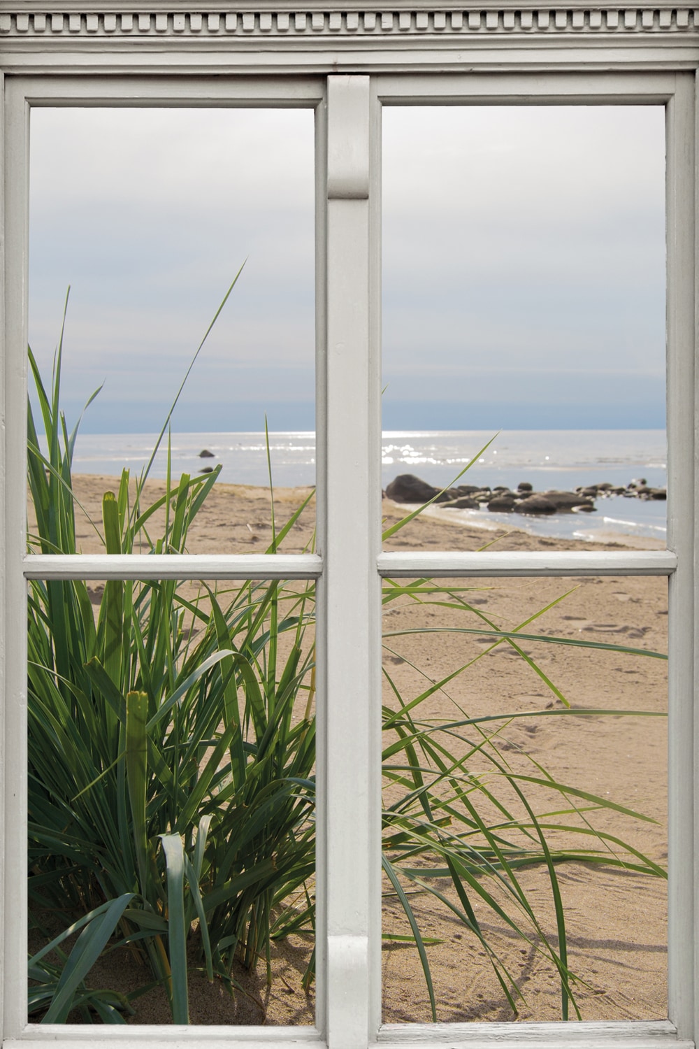 queence Leinwandbild »Ausblick«, Düne-Gräser-Natur-Meer-Fensterblick, (1 St.), Premium-Leinwandstoff, Handarbeit aus Deutschland von queence