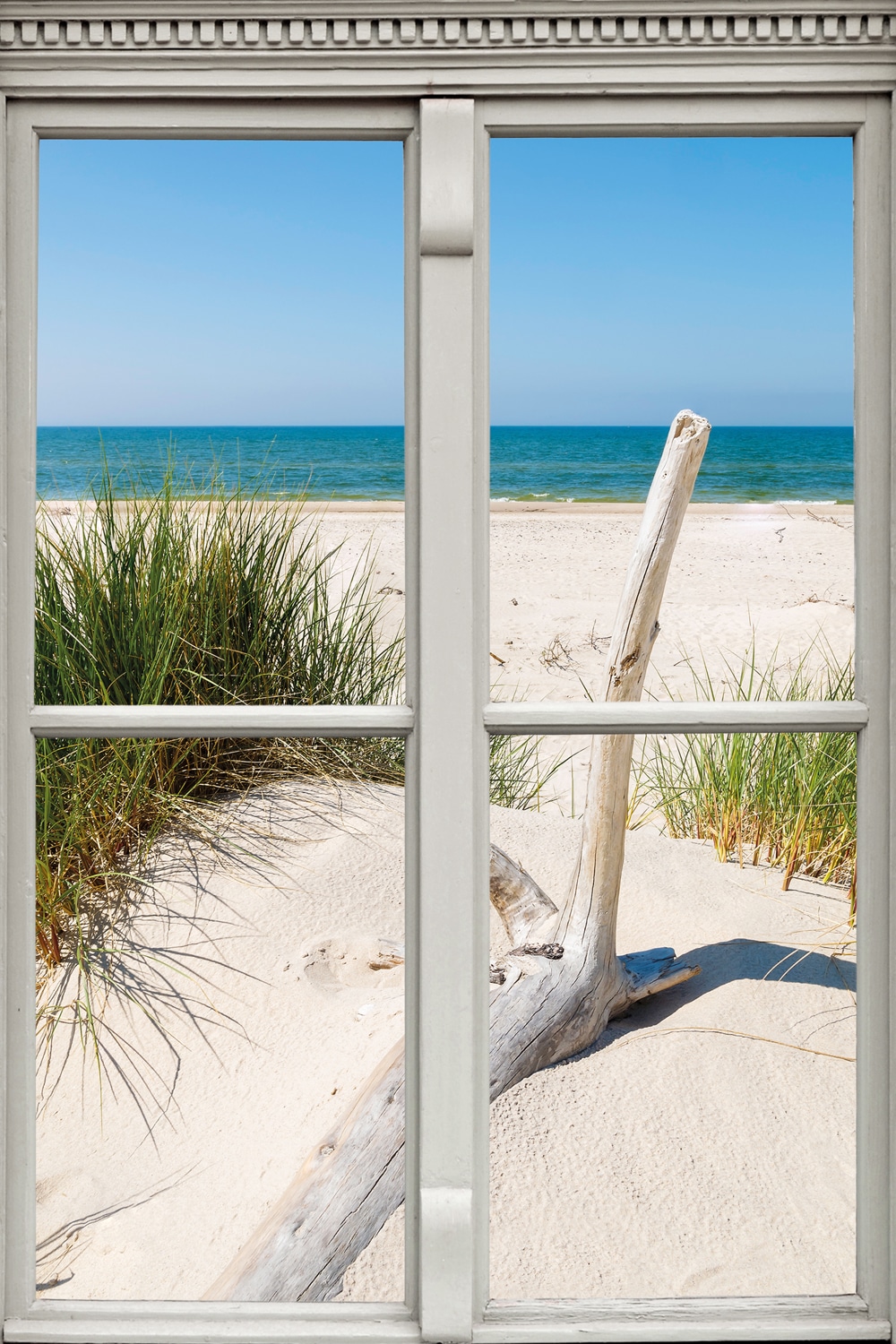 queence Leinwandbild »Langeoog«, Düne-Gräser-Natur-Meer-Fensterblick, (1 St.), Premium-Leinwandstoff, Handarbeit aus Deutschland von queence