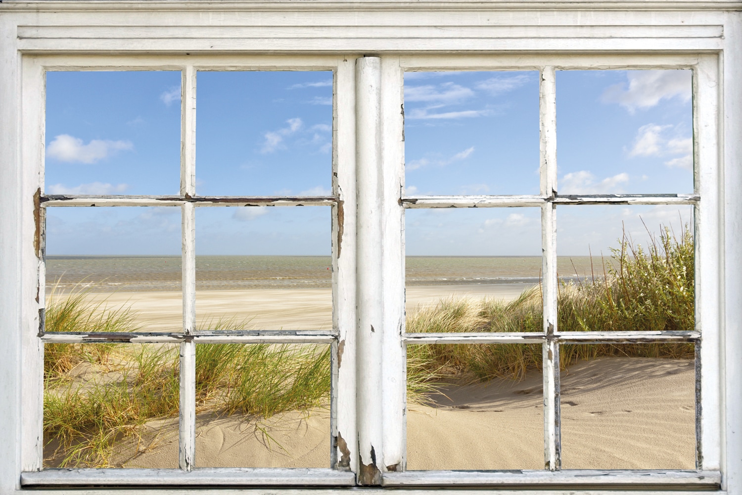 queence Leinwandbild »Sylt«, Düne-Meer-Natur-Fensterblick, (1 St.), Premium-Leinwandstoff, Handarbeit aus Deutschland von queence