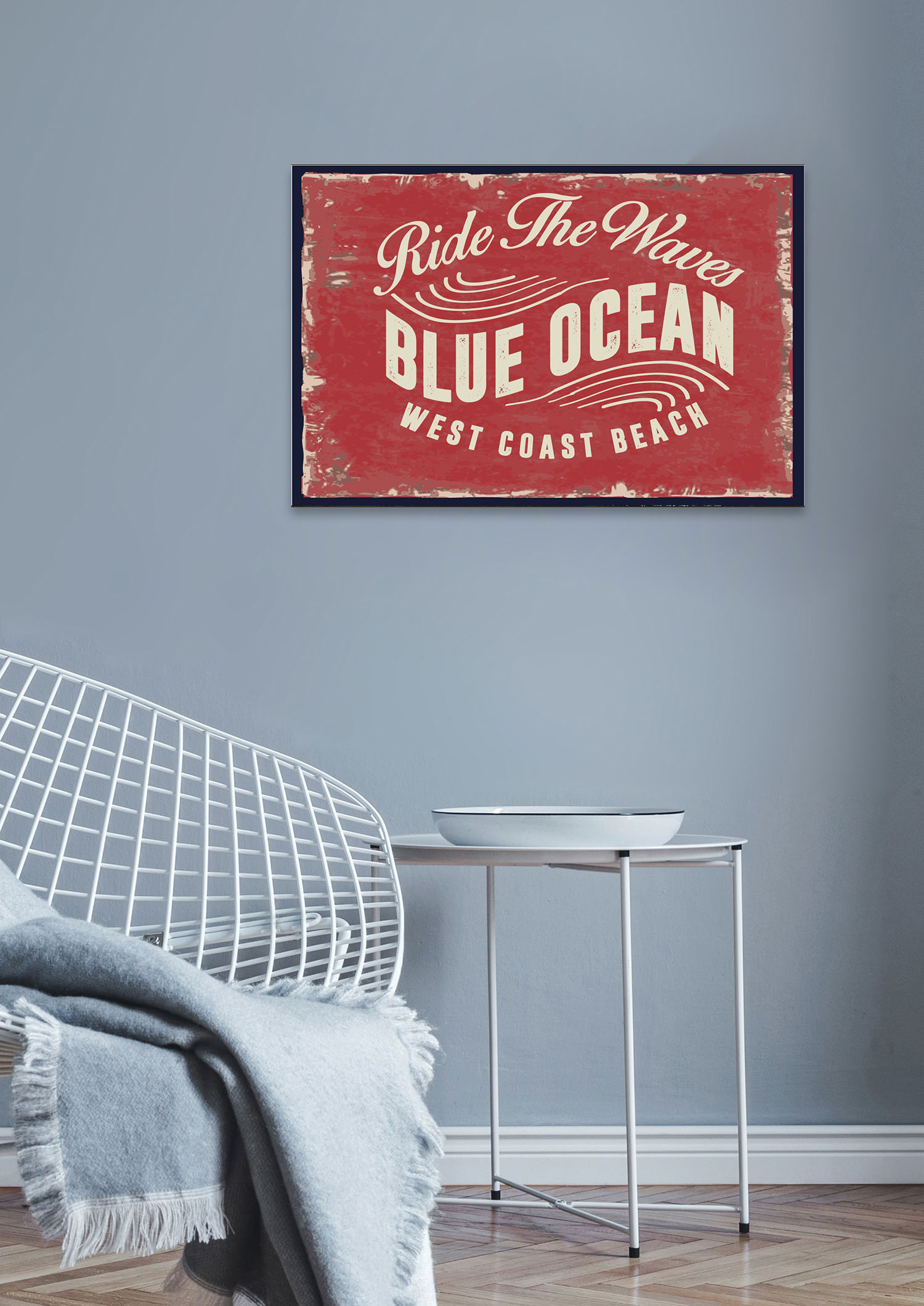 queence Metallbild »Blue Ocean«, Schriftzüge-Schriftzug, (1 St.), Stahlschild, Blechschild, retro, Surfer von queence