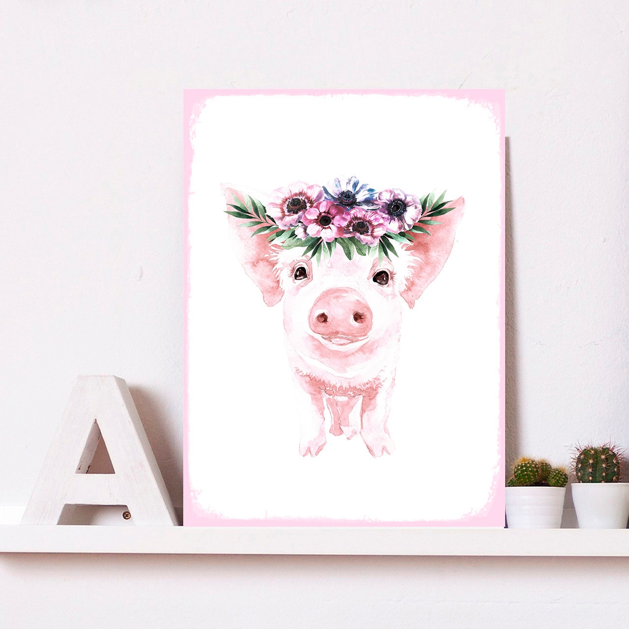 queence Metallbild »Galina«, Blumen-Schwein-Tiere, (1 St.), Stahlschild, Blechschild, Schwein, niedlich, Wanddeko, Blumenkranz von queence