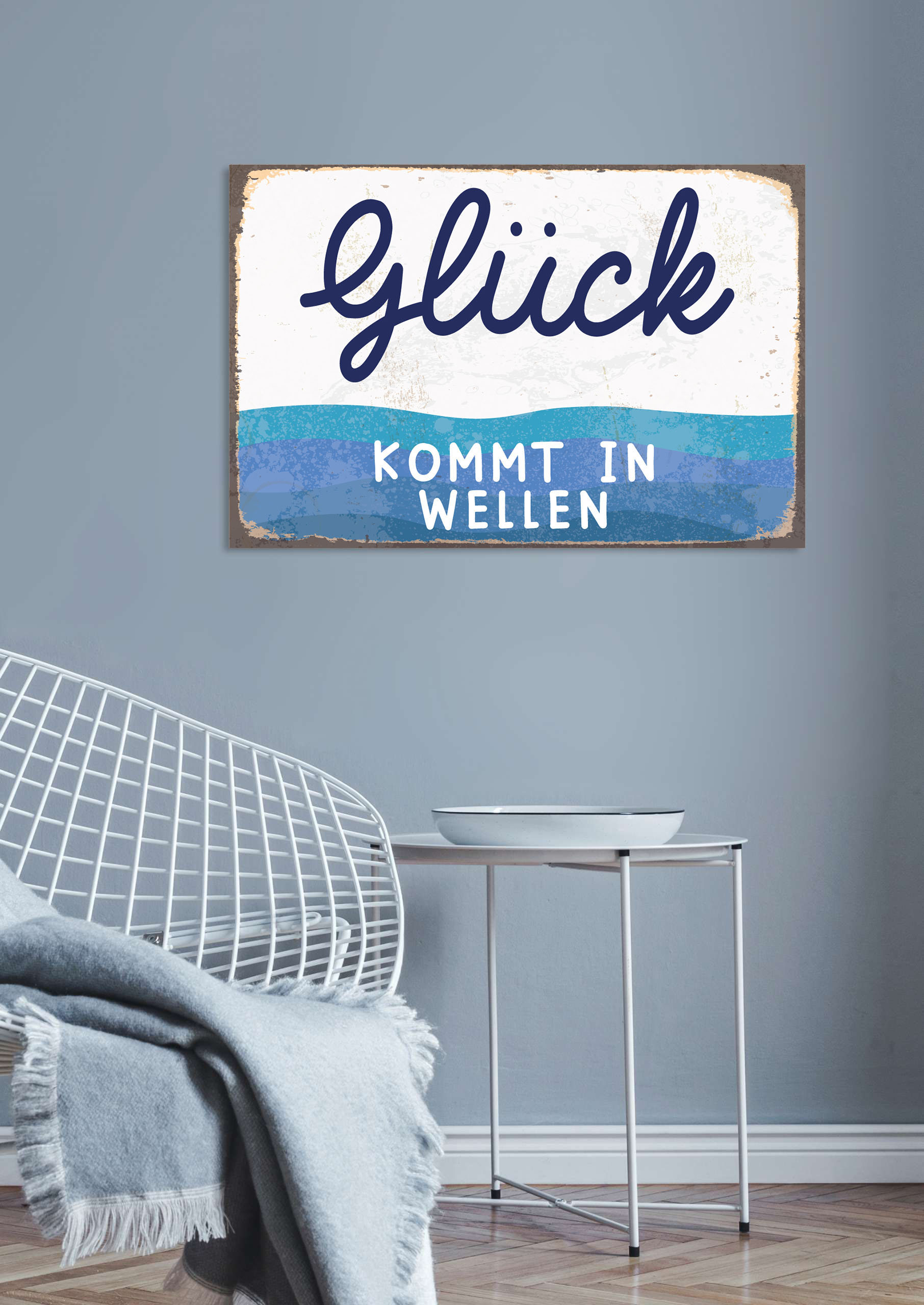 queence Metallbild »Glück kommt in Welle«, Schriftzüge-Schriftzug-Meer, (1 St.), Stahlschild, Blechschild, Sprüche, Texte, Glück, Glücklich von queence