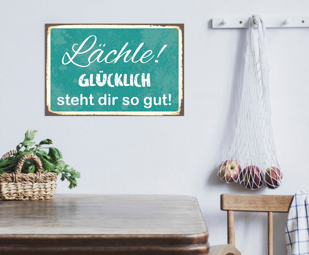 queence Metallbild »Glücklich«, Schriftzüge-Schriftzug, (1 St.), Stahlschild, Blechschild, Sprüche, Texte, Lachen, Glücklich von queence