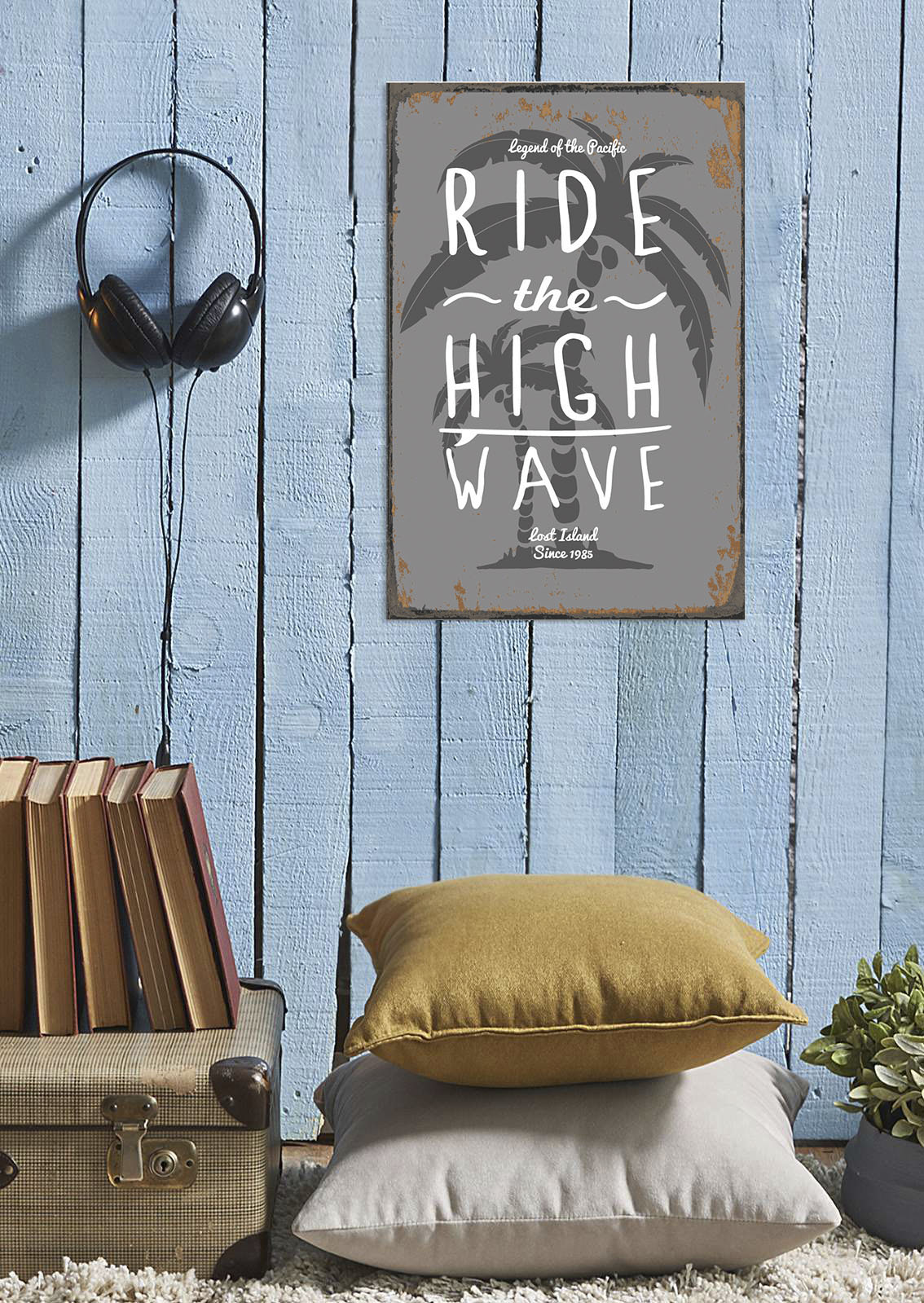 queence Metallbild »High Wave«, Schriftzüge-Schriftzug-Strand, (1 St.), Stahlschild, Blechschild, Surfer, Texte, Fernweh von queence