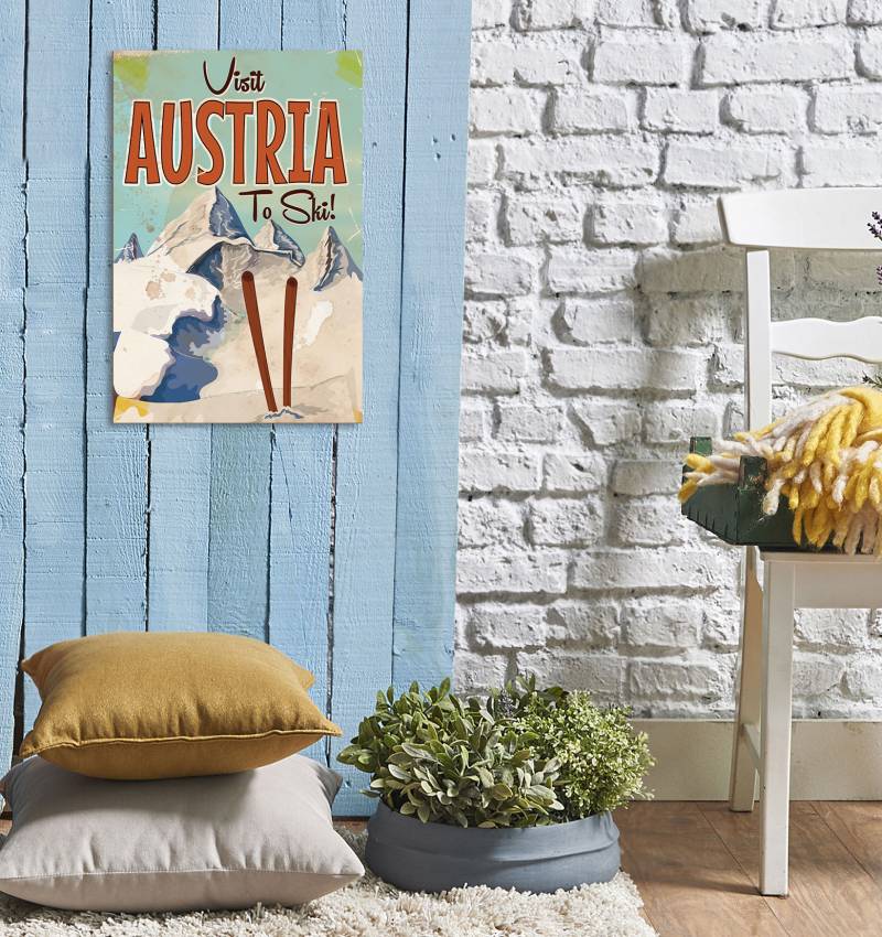 queence Metallbild »Visit Austria«, Schriftzüge-Schriftzug-Berge & Alpenbilder-Schneeflocken-Österreich, (1 St.), Stahlschild, Blechschild, Ski, Österreich von queence