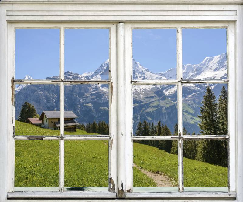 queence Wandsticker »Hütte in den Bergen«, Wandsticker, Wandbild, selbstklebend, 3D, Fenster von queence