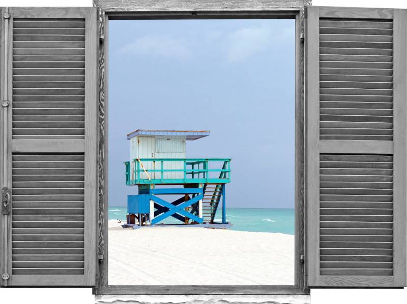 queence Wandtattoo »Strandhäuschen«, (1 St.), Wandsticker, Wandbild, selbstklebend, 3D, Fenster von queence